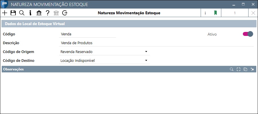 A natureza registra a identificação e as posições de origem e destino utilizadas pelo lançamento de estoque.
